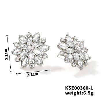 Fashionable Cute Shiny Brass Rhinestone Stud Earrings French Romantic Sunflower Earrings, Platinum, 21x21mm