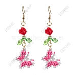 Glass Seed Beads Butterfly Dangle Earrings, with 304 Stainless Steel Earring Hooks & Acrylic, Golden, Pink, 68.5x22.5mm(EJEW-FS00094)