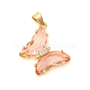 Glass Pendants, with Brass Clear Micro Pave Cubic Zirconia, Butterfly, Golden, PeachPuff, 24x21x4mm, Hole: 5.5x3.5mm(X-GLAA-G075-01G-05)