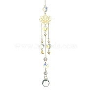 Glass Round Pendant Decorations, Hanging Suncatchers, with Lotus & Moon & Star Stainless Steel Charms and Glass Octagon Link, Golden, 275mm(HJEW-JM01231)