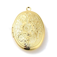 Rack Plating Brass Locket Pendants, Photo Frame Charms for Necklaces, Long-Lasting Plated, Oval with Flower Charm, Real 18K Gold Plated, 33x24x7mm, Hole: 1.6mm, Inner Diameter: 23.5x17.5mm(KK-K277-03G)