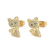 Brass Micro Pave Clear Cubic Zirconia Stud Earrings for Women, Real 18K Gold Plated, Cat Shape, 14x8mm(EJEW-U030-03G-02)