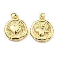 Rack Plating Brass Pendants, with Jump Ring, Lead Free & Cadmium Free, Long-Lasting Plated, Flat Round with Heart & Paw Print Charm, Real 18K Gold Plated, 15.5x13.5x3mm, Hole: 2.6mm(KK-D026-14G)
