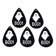 Spray Painted Iron Pendants, Rubberized Style, 3D Printed,  Halloween Ghost with Word BOO Print Pattern, Teardrop, White, 27.5x18x0.5mm, Hole: 1.2mm(X-IFIN-T016-64)