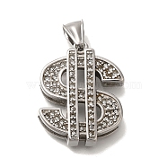 304 Stainless Steel Rhinestone Pendants, Dollar Sign Charm, Stainless Steel Color, 32x26x7.5mm, Hole: 7.5x4mm(STAS-C105-08P)