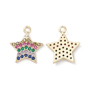 Rack Plating Brass Micro Pave Colorful Cubic Zirconia Pendants, Star Charms, Long-Lasting Plated, Cadmium Free & Lead Free, Real 18K Gold Plated, 17x14.5x2mm, Hole: 1.6mm(KK-L155-54G)