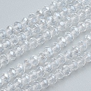 Glass Beads Strands, Pearl Luster Plated, Crystal Suncatcher, Faceted Rondelle, Clear, 4x3mm, Hole: 1mm, about 140~145pcs/strand, 18.9 inch(X-EGLA-GR4MMY-01L)