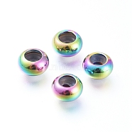 Vacuum Plating 202 Stainless Steel Beads, with Plastic, Slider Beads, Stopper Beads, Rondelle, Rainbow Color, 6x3mm, Rubber Hole: 2mm(STAS-F148-6mm-07M)