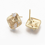 Brass Clear Cubic Zirconia Stud Earring Findings, with Loop, Nickel Free, Rhombus, Real 18K Gold Plated, 13x12.5mm, Hole: 1.2mm, Pin: 0.8mm(ZIRC-Q021-065G-NF)