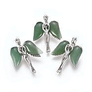 Natural Green Aventurine Pendants, with Platinum Tone Brass Findings, Angel, 34x23x8mm, Hole: 5x3mm(G-L520-C03)