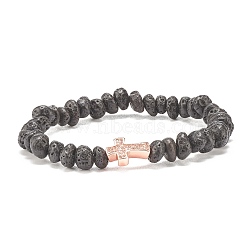 Natural Lava Rock Beaded Stretch Bracelet, Brass Cross Bracelet with Clear Cubic Zirconia for Women, Rose Gold, Inner Diameter: 2 inch(5cm)(BJEW-JB08294-03)