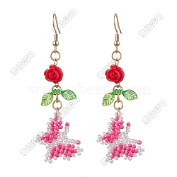 Glass Seed Beads Butterfly Dangle Earrings, with 304 Stainless Steel Earring Hooks & Acrylic, Golden, Pink, 68.5x22.5mm(EJEW-FS00094)