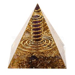 Orgonite Pyramid Resin Energy Generators, Reiki Natural Amethyst Chips & Steel Wire & Gold Foil Inside, for Home Office Desk Decoration, 59x59x59mm(DJEW-C019-01A)