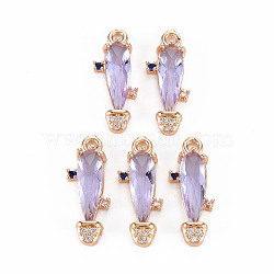 Rack Plating Brass Micro Pave Clear Cubic Zirconia Pendants, with Faceted Glass, Long-Lasting Plated, Cadmium Free & Lead Free, Cactus, Lilac, 18.5x7.5x3.5mm, Hole: 1.2mm(KK-T060-63D-RS)