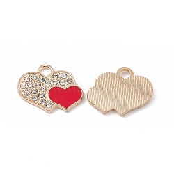 Alloy Crystal Rhinestone Pendants, with Enamel, Double Heart Charms, Light Gold, Red, 15.5x19x2mm, Hole: 3x2.5mm(FIND-C019-30KCG-01)