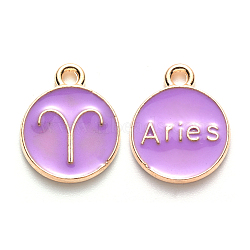 Alloy Enamel Pendants, Cadmium Free & Lead Free, Flat Round with Constellation, Light Gold, Medium Purple, Aries, 15x12x2mm, Hole: 1.5mm(ENAM-S124-01B-01A)