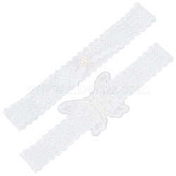 Polyester Lace Elastic Bridal Garters, with Imitation Pearl Beads and Crystal Rhinestone, Wedding Garment Accessories, White, 195~199x30mm, 2pcs/set(DIY-WH0308-148B)