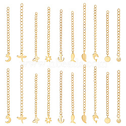 Elite 20Pcs 10 Style 304 Stainless Steel Chain Extender, Curb Chain with 202 Stainless Steel Charms for End Chains, Moon & Star & Dolphin & Dragonfly & Flower, Golden, 57~67mm, 2Pcs/style(STAS-PH0004-71)