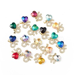 Real 18K Gold Plated Rack Plating Brass Micro Pave Clear Cubic Zirconia Pendants, with Glass, Long-Lasting Plated, Cadmium Free & Lead Free, Bowknot with Heart, Mixed Color, 17x22x8mm, Hole: 6x3mm(KK-C015-26G)