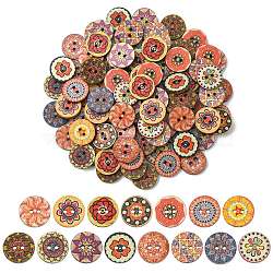 Printed Wooden Buttons, 2-Hole, Flat Round with Flower Pattern, Mixed Color, 14.5x2.5mm, Hole: 1.6mm, 100pcs/bag(WOOD-CJC0007-03)