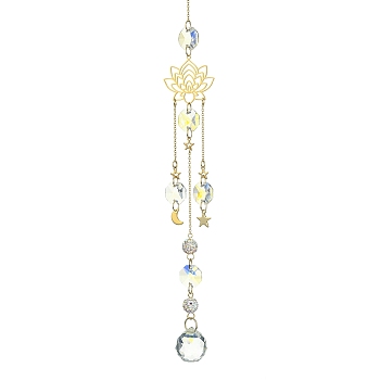 Glass Round Pendant Decorations, Hanging Suncatchers, with Lotus & Moon & Star Stainless Steel Charms and Glass Octagon Link, Golden, 275mm