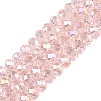 Electroplate Glass Beads Strands, AB Color Plated, Faceted, Rondelle, Pink, 8x6mm, Hole: 1mm, about 64~65pcs/strand, 15.75~16.14 inch(40~41cm)