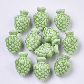 Handmade Porcelain Beads, Bright Glazed Porcelain Style, Pine Cone, Yellow Green, 19x14x12mm, Hole: 2mm
