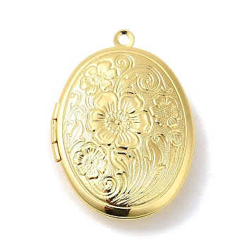 Rack Plating Brass Locket Pendants, Photo Frame Charms for Necklaces, Long-Lasting Plated, Oval with Flower Charm, Real 18K Gold Plated, 33x24x7mm, Hole: 1.6mm, Inner Diameter: 23.5x17.5mm
