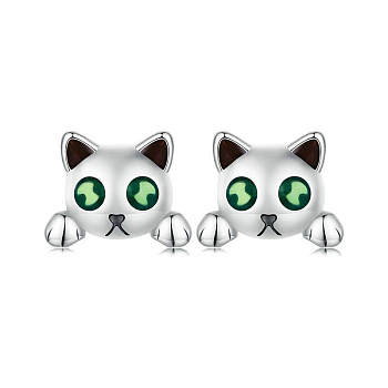 S925 Sterling Silver Cat Shape Stud Earrings, Unique Glow Dark Halloween Easter, Silver, 6x8mm