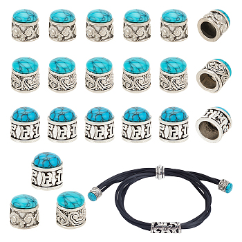 24Pcs 3 Style Synthetic Turquoise Cord Ends, with Alloy Findings, End Caps, Column, Antique Silver, 9~10x8.5~9mm, Inner Diameter: 6~6.5mm, 8Pcs/style