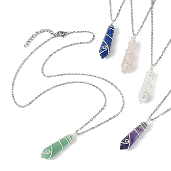 Natural Mixed Gemstone Faceted Bullet Shaped Pendant Necklaces, with 304 Stainless Steel Cable Chain, Platinum, 17.72 inch(45cm)