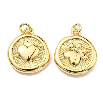 Rack Plating Brass Pendants, with Jump Ring, Lead Free & Cadmium Free, Long-Lasting Plated, Flat Round with Heart & Paw Print Charm, Real 18K Gold Plated, 15.5x13.5x3mm, Hole: 2.6mm