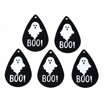 Spray Painted Iron Pendants, Rubberized Style, 3D Printed,  Halloween Ghost with Word BOO Print Pattern, Teardrop, White, 27.5x18x0.5mm, Hole: 1.2mm