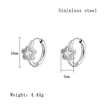 Cubic Zirconia Hoop Earrings, 304 Stainless Steel Earrings, Star, 16x9mm