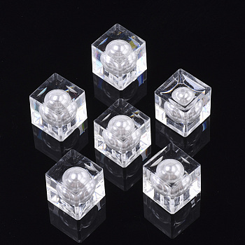 Transparent Acrylic Beads, with ABS Plastic Imitation Pearl, Half Drilled, Cube, Clear, 15x15x15mm, Hole: 1.2mm