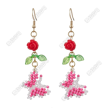 Glass Seed Beads Butterfly Dangle Earrings, with 304 Stainless Steel Earring Hooks & Acrylic, Golden, Pink, 68.5x22.5mm
