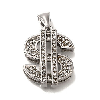 304 Stainless Steel Rhinestone Pendants, Dollar Sign Charm, Stainless Steel Color, 32x26x7.5mm, Hole: 7.5x4mm