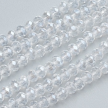 Glass Beads Strands, Pearl Luster Plated, Crystal Suncatcher, Faceted Rondelle, Clear, 4x3mm, Hole: 1mm, about 140~145pcs/strand, 18.9 inch