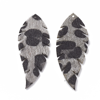 Imitation Leather Big Pendants, with Faux Fur, Leaf, Light Grey, 54x20x1mm, Hole: 1.2mm