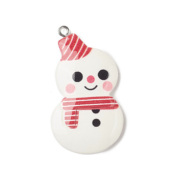 Christmas Theme Opaque Resin Pendants, Christmas Charms, with Platinum Tone Iron Loops, Snowman, 43x24x5mm, Hole: 1.8mm