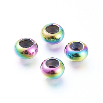Vacuum Plating 202 Stainless Steel Beads, with Plastic, Slider Beads, Stopper Beads, Rondelle, Rainbow Color, 6x3mm, Rubber Hole: 2mm