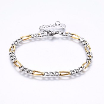 304 Stainless Steel Figaro Chain Bracelets, with Lobster Claw Clasps, Golden & Stainless Steel Color, 7-1/2 inch(19cm), 4.5x1.2mm