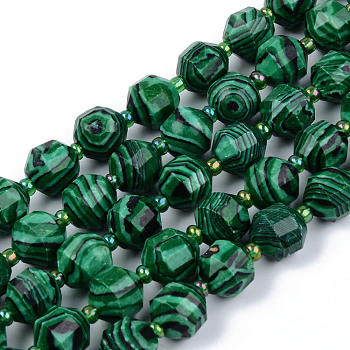 Synthetic Malachite Beads Strands, Round, Faceted, 8~9x10mm, Hole: 1.2mm, about 33~35pcs/strand, 15.16inch(38.5cm)