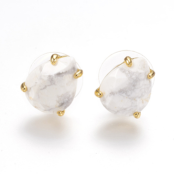 Natural Howlite Stud Earrings, with Golden Tone Brass Findings, Faceted Teardrop, 13.5~14x10.5mm, Pin: 0.8mm