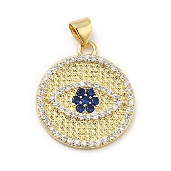 Brass Micro Pave Cubic Zirconia Pendants, Long-Lasting Plated, Real 18K Gold Plated, Flat Round with Eye, Colorful, 28x20x2mm, Hole: 3.5x4mm