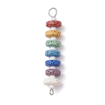 Chakra Natural Lava Rock Dyed Beaded Connector Charms, with White Glass Seed Beads, Disc Links, Platinum, 45x8mm, Hole: 1.5mm and 4mm