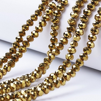 Electroplate Transparent Glass Beads Strands, Full Plated, Faceted, Rondelle, Golden Plated, 3x2mm, Hole: 0.8mm, about 145~150pcs/strand, 34~35cm