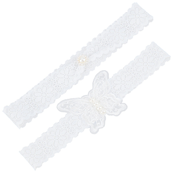 Polyester Lace Elastic Bridal Garters, with Imitation Pearl Beads and Crystal Rhinestone, Wedding Garment Accessories, White, 195~199x30mm, 2pcs/set