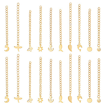 Elite 20Pcs 10 Style 304 Stainless Steel Chain Extender, Curb Chain with 202 Stainless Steel Charms for End Chains, Moon & Star & Dolphin & Dragonfly & Flower, Golden, 57~67mm, 2Pcs/style