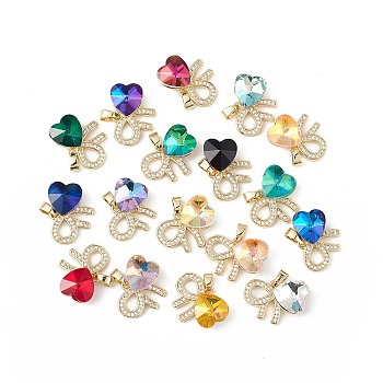 Real 18K Gold Plated Rack Plating Brass Micro Pave Clear Cubic Zirconia Pendants, with Glass, Long-Lasting Plated, Cadmium Free & Lead Free, Bowknot with Heart, Mixed Color, 17x22x8mm, Hole: 6x3mm